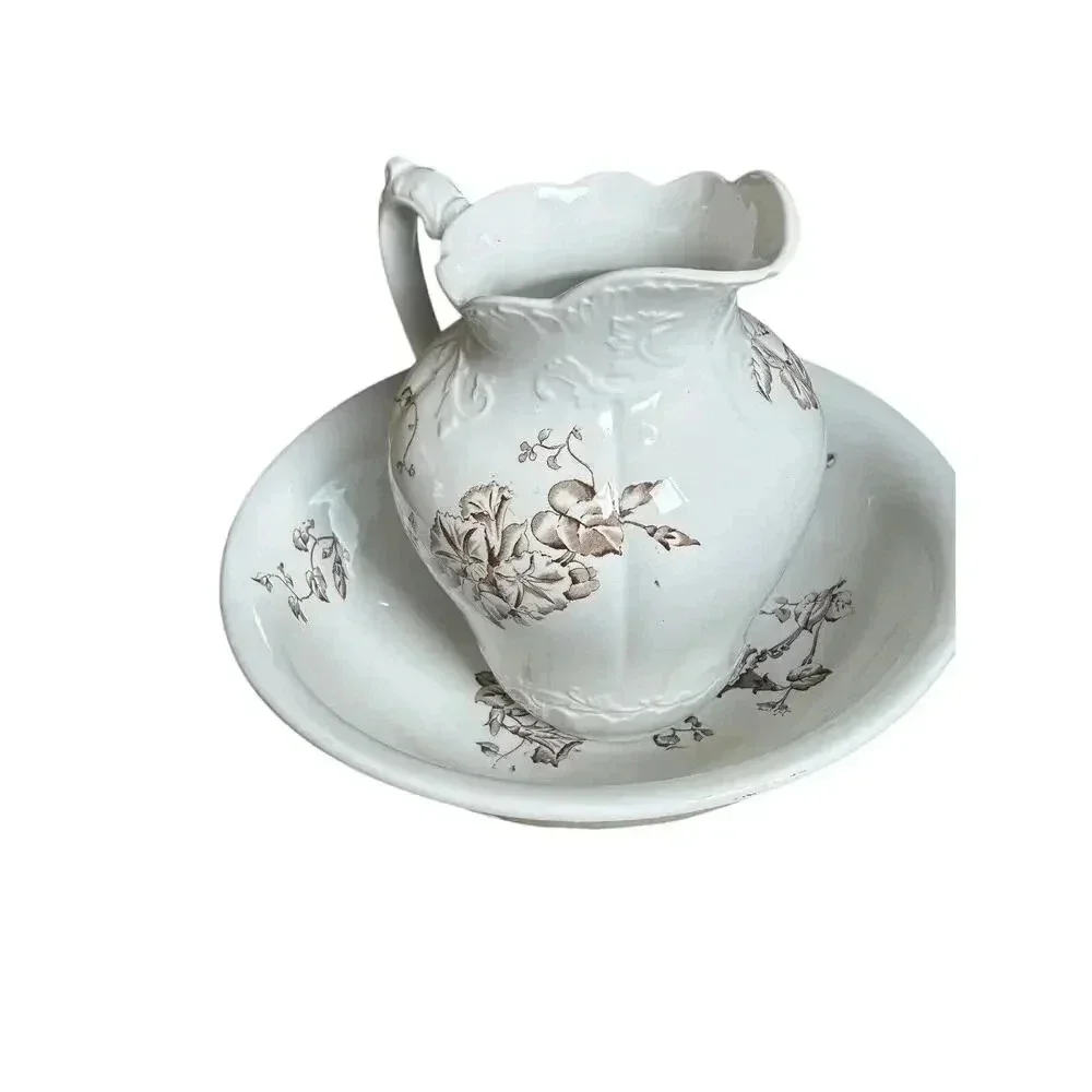 Antique Brown Transfer Ironstone Wash Bowl And Pitcher Morning Glory Pattern